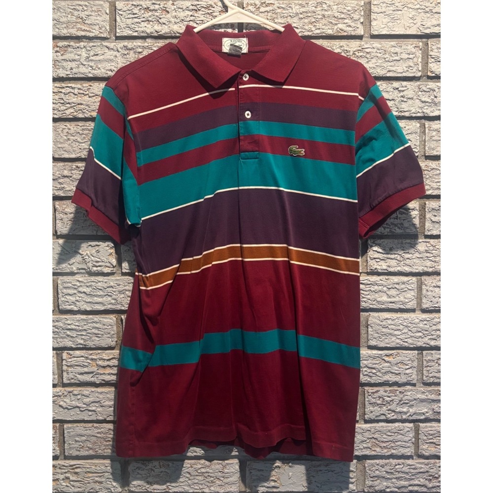 Vintage Izod Lacoste Mens Large Striped Polo Shirt Burgundy Teal Cotton Retro